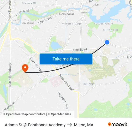 Adams St @ Fontbonne Academy to Milton, MA map