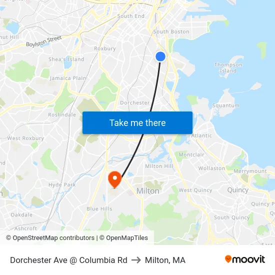 Dorchester Ave @ Columbia Rd to Milton, MA map