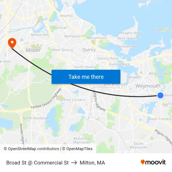 Broad St @ Commercial St to Milton, MA map