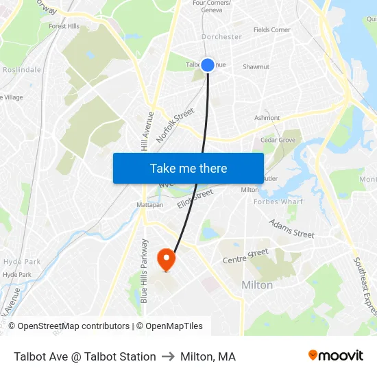 Talbot Ave @ Talbot Station to Milton, MA map