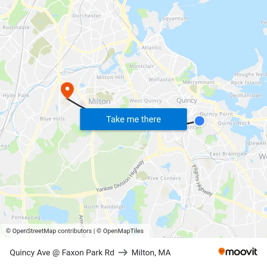 Quincy Ave @ Faxon Park Rd to Milton, MA map