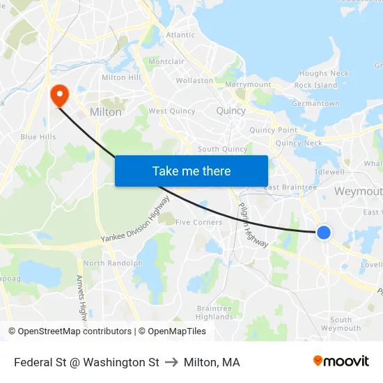 Federal St @ Washington St to Milton, MA map