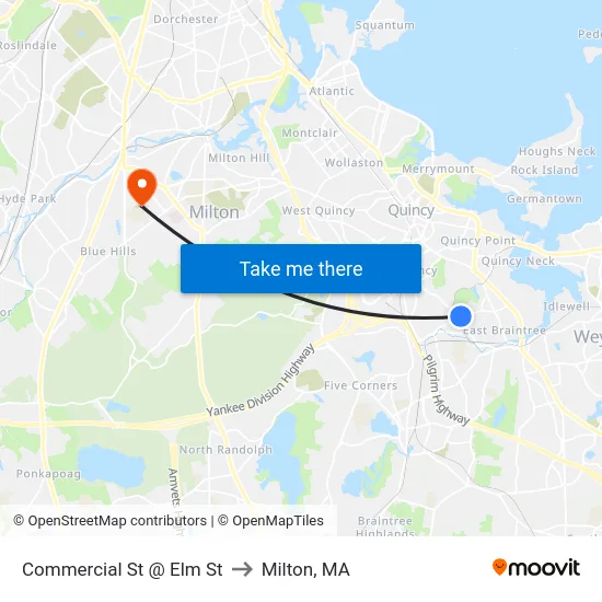 Commercial St @ Elm St to Milton, MA map