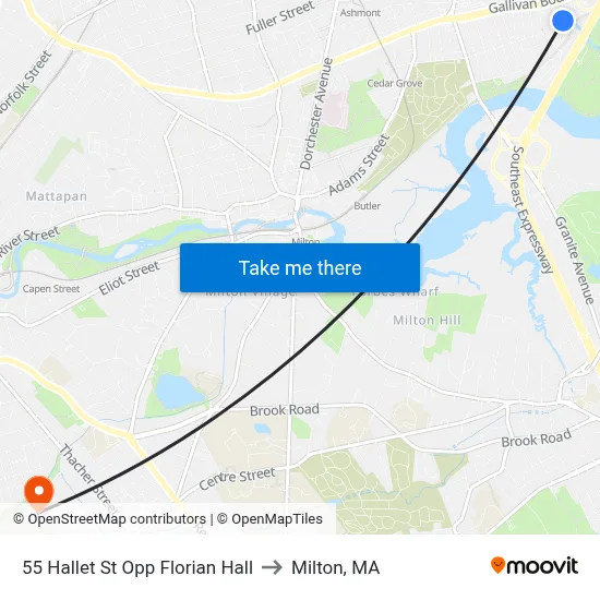 55 Hallet St Opp Florian Hall to Milton, MA map