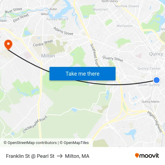 Franklin St @ Pearl St to Milton, MA map