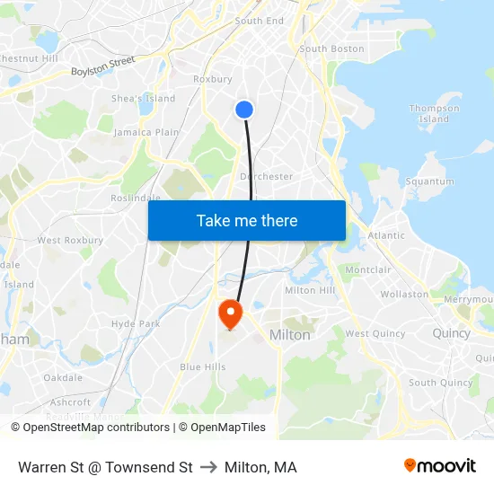 Warren St @ Townsend St to Milton, MA map