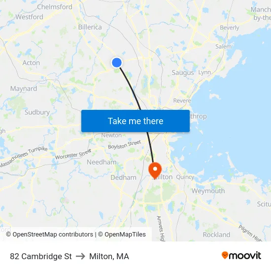 82 Cambridge St to Milton, MA map