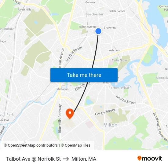 Talbot Ave @ Norfolk St to Milton, MA map