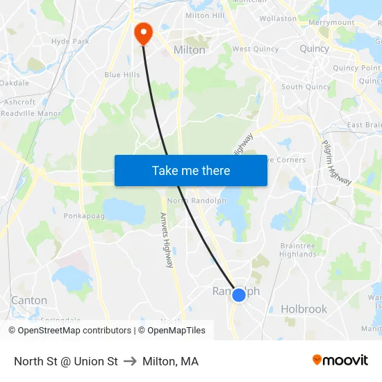 North St @ Union St to Milton, MA map