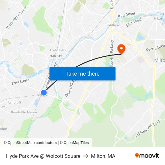 Hyde Park Ave @ Wolcott Square to Milton, MA map