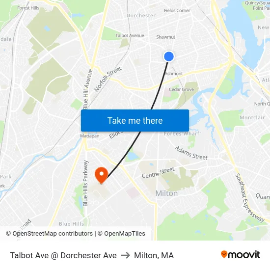 Talbot Ave @ Dorchester Ave to Milton, MA map