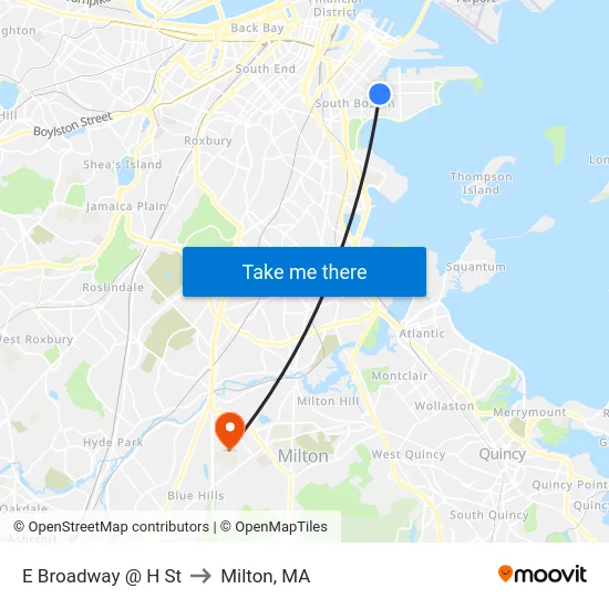 E Broadway @ H St to Milton, MA map