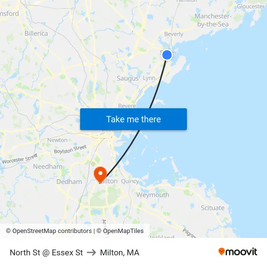 North St @ Essex St to Milton, MA map