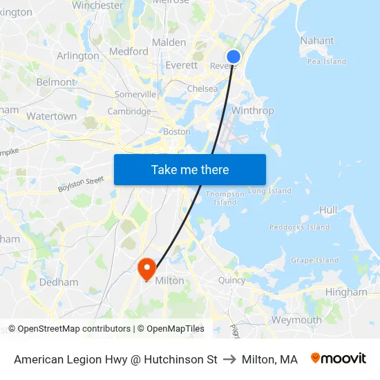 American Legion Hwy @ Hutchinson St to Milton, MA map