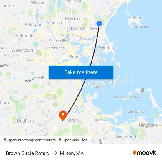 Brown Circle Rotary to Milton, MA map