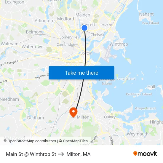 Main St @ Winthrop St to Milton, MA map