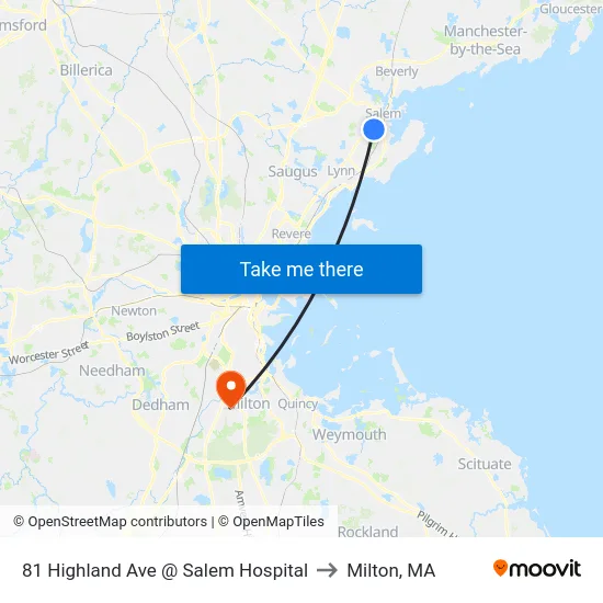 81 Highland Ave @ Salem Hospital to Milton, MA map