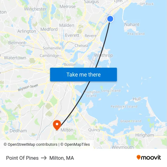 Point Of Pines to Milton, MA map