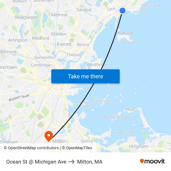 Ocean St @ Michigan Ave to Milton, MA map
