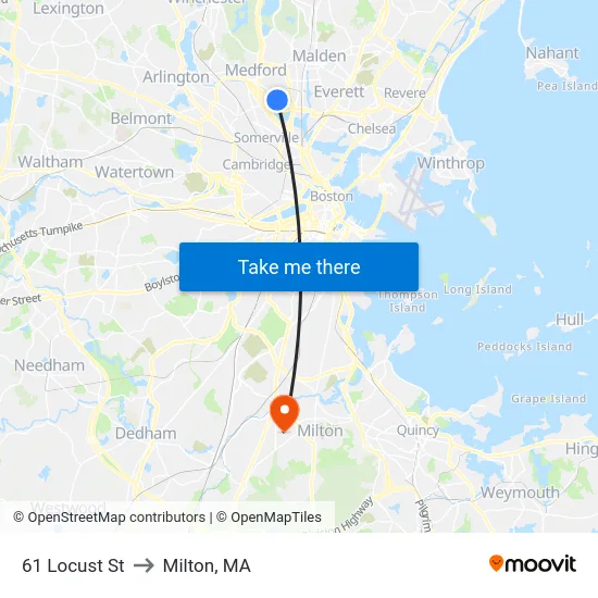 61 Locust St to Milton, MA map