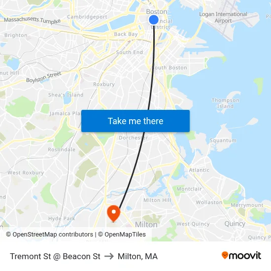 Tremont St @ Beacon St to Milton, MA map