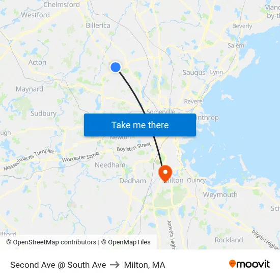 Second Ave @ South Ave to Milton, MA map
