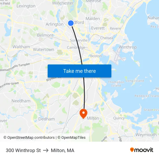 300 Winthrop St to Milton, MA map