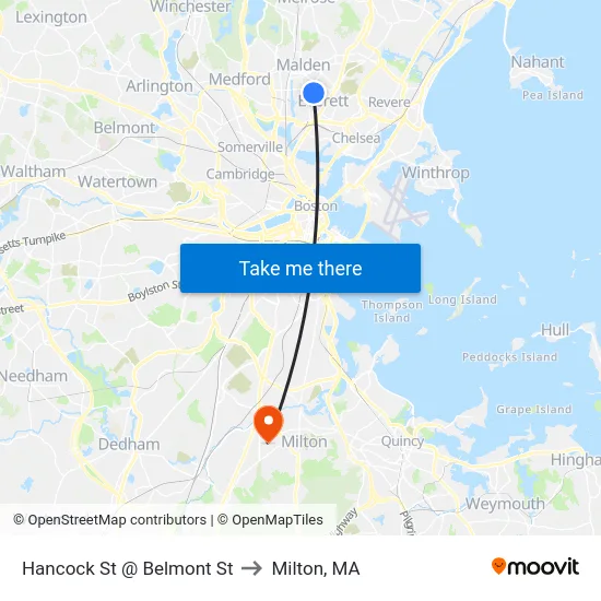 Hancock St @ Belmont St to Milton, MA map