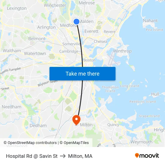 Hospital Rd @ Savin St to Milton, MA map