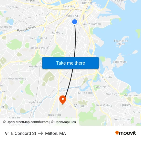 91 E Concord St to Milton, MA map
