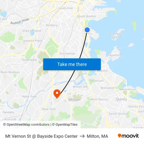 Mt Vernon St @ Bayside Expo Center to Milton, MA map