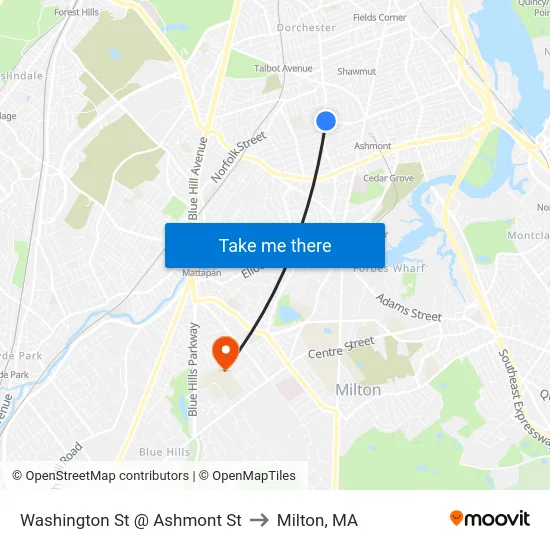 Washington St @ Ashmont St to Milton, MA map