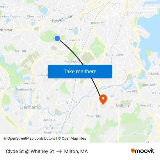 Clyde St @ Whitney St to Milton, MA map