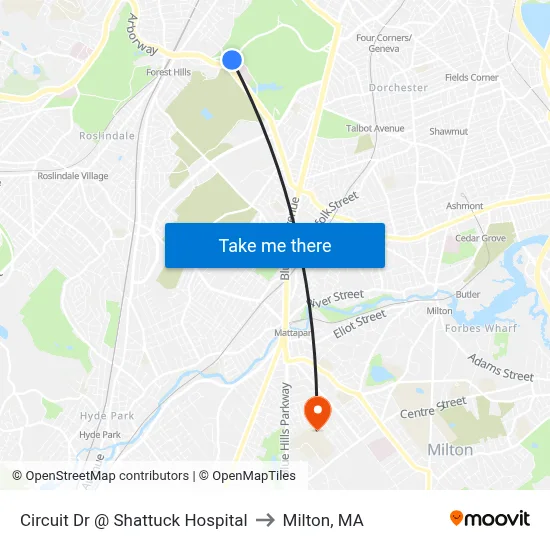 Circuit Dr @ Shattuck Hospital to Milton, MA map