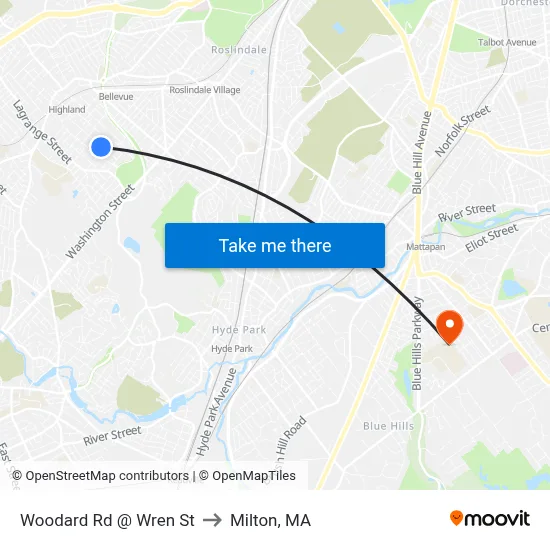 Woodard Rd @ Wren St to Milton, MA map