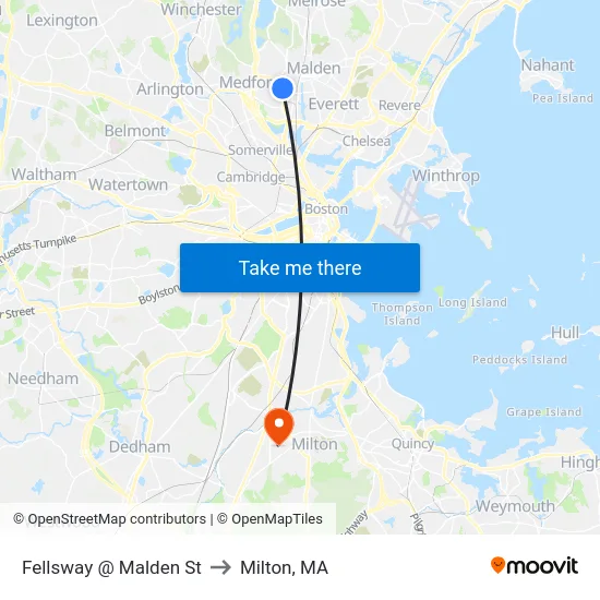 Fellsway @ Malden St to Milton, MA map