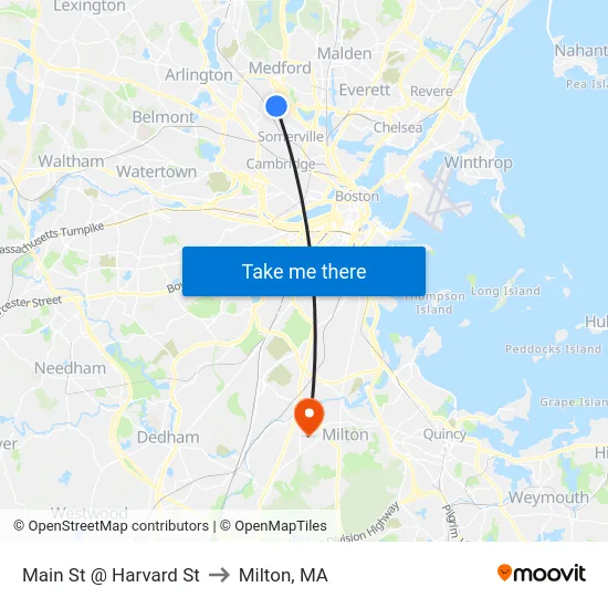 Main St @ Harvard St to Milton, MA map