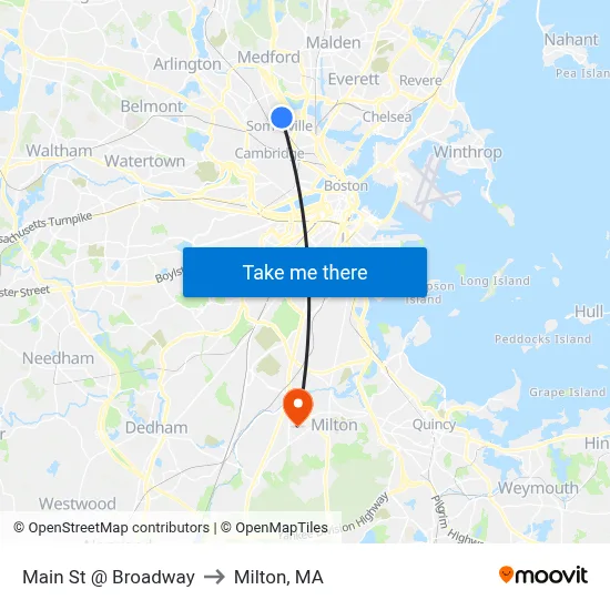 Main St @ Broadway to Milton, MA map