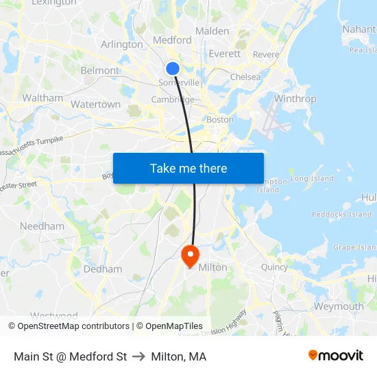 Main St @ Medford St to Milton, MA map