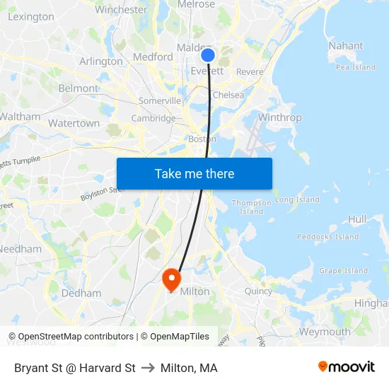 Bryant St @ Harvard St to Milton, MA map