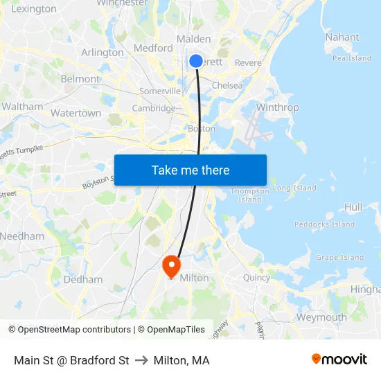 Main St @ Bradford St to Milton, MA map
