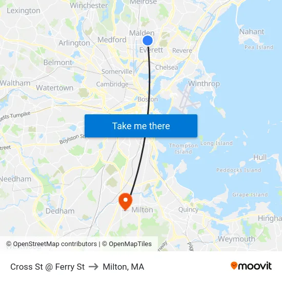 Cross St @ Ferry St to Milton, MA map