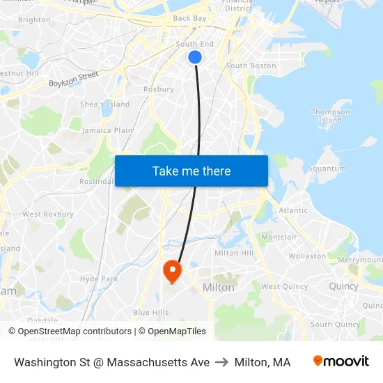 Washington St @ Massachusetts Ave to Milton, MA map
