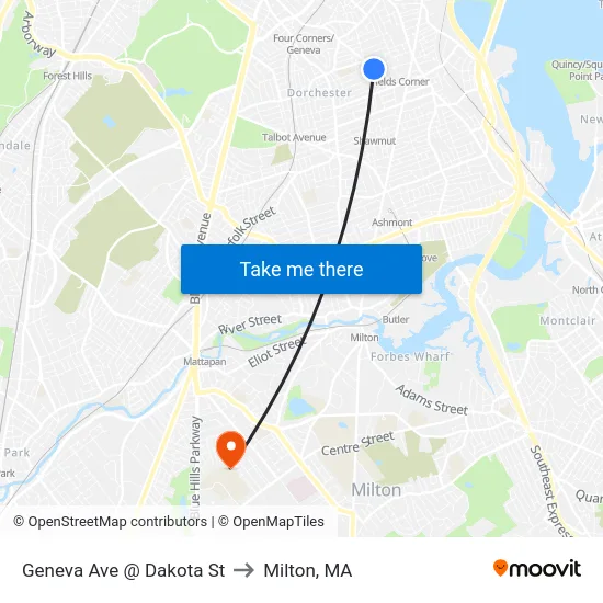 Geneva Ave @ Dakota St to Milton, MA map