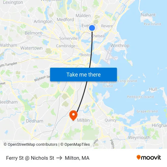Ferry St @ Nichols St to Milton, MA map