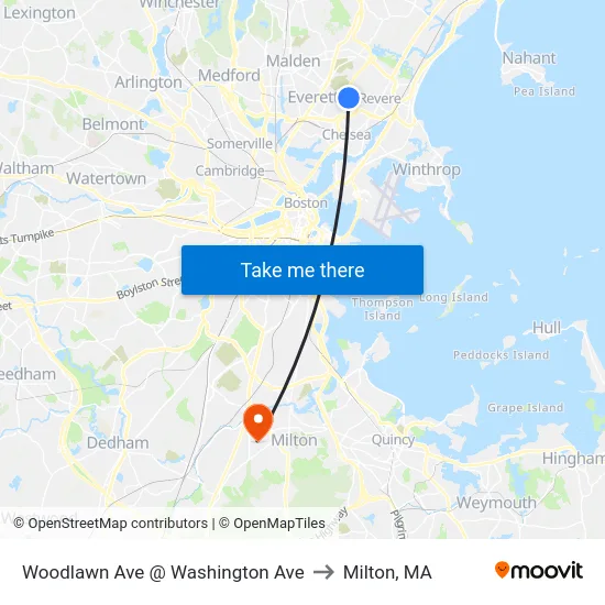 Woodlawn Ave @ Washington Ave to Milton, MA map
