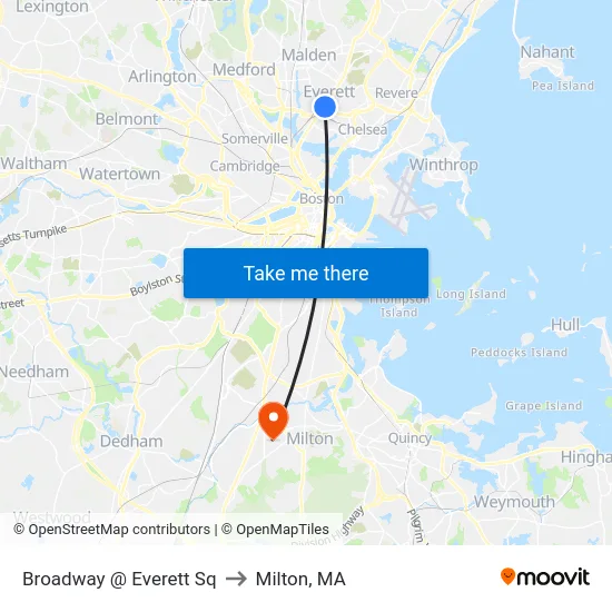 Broadway @ Everett Sq to Milton, MA map