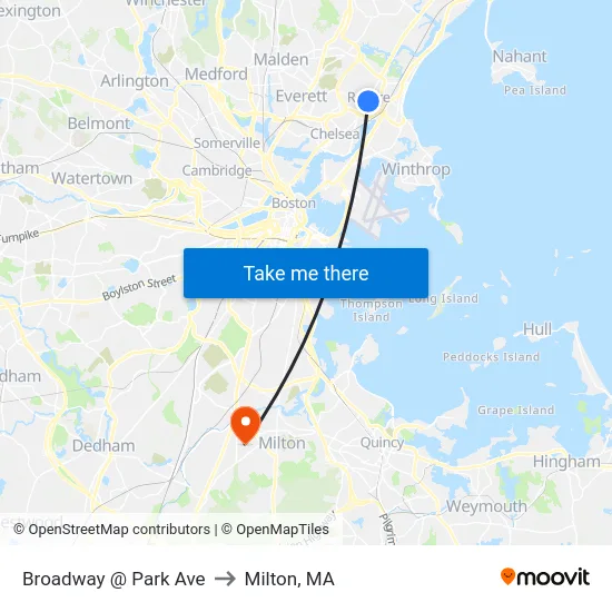 Broadway @ Park Ave to Milton, MA map