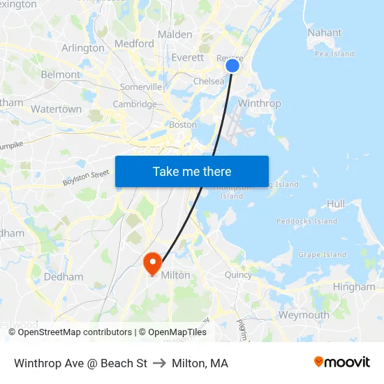 Winthrop Ave @ Beach St to Milton, MA map
