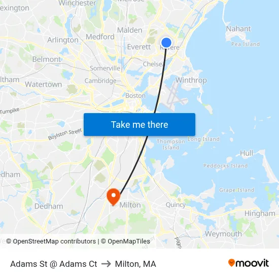 Adams St @ Adams Ct to Milton, MA map